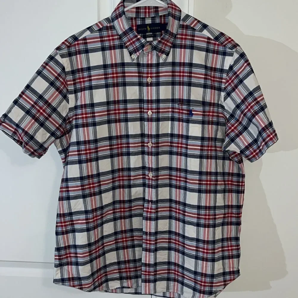 Pony Polo by Ralph Lauren Red White Blue Pocket SS 4th of July Cotton Shirt L